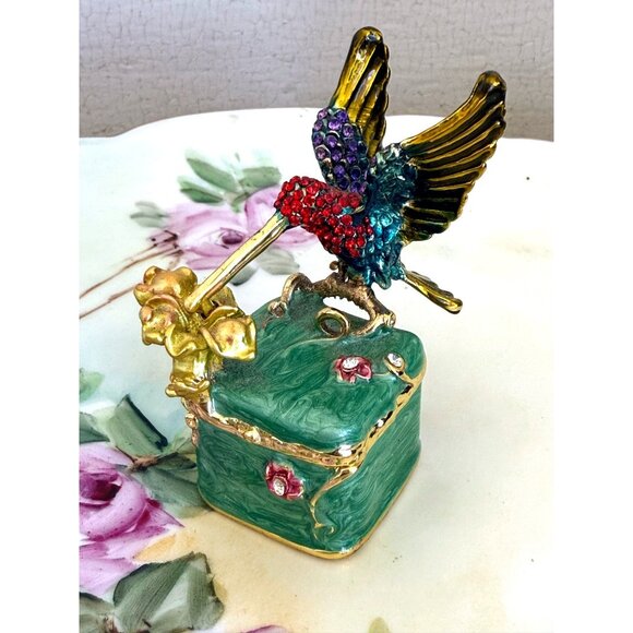 Vintage 90s Rhinestone Encrusted Hummingbird Ring Box Green Enamel - Picture 1 of 14